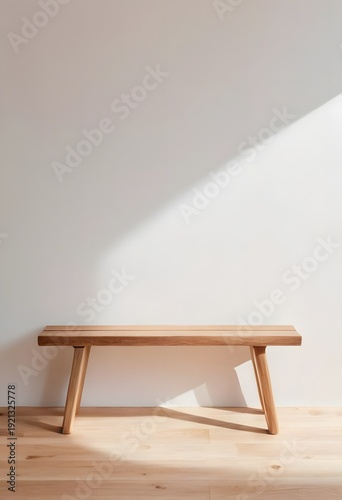 Minimalist Scandinavian interior with wooden bench and copy space