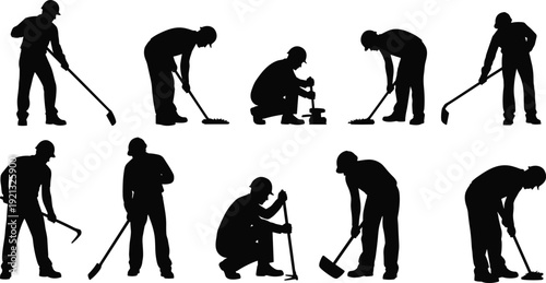 Construction worker silhouettes set with laborers using shovel, hammer and tools in different poses, industrial builder vector illustration isolated on white background