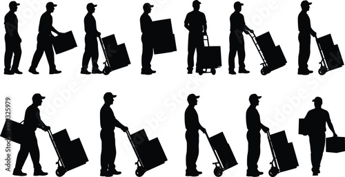 Delivery Worker Silhouette Set Carrying Boxes and Using Hand Truck Dolly, Logistics and Courier Service Poses Isolated on White Background Transportation Concept