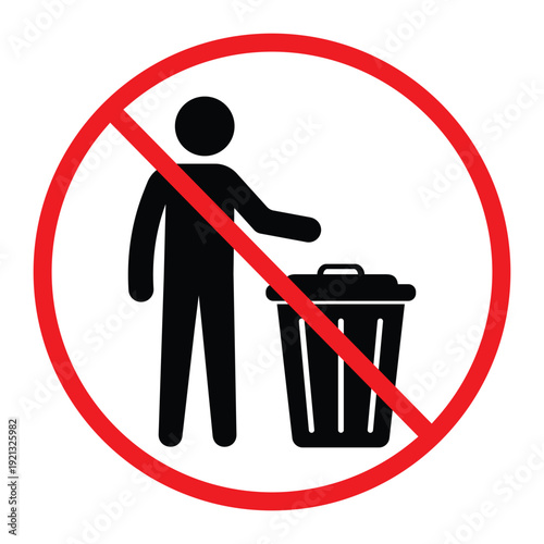 No littering prohibition sign showing a person throwing trash into a bin crossed by a red circle and diagonal line. Simple black pictogram on light background, ideal for public notice, hygiene and saf