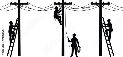 Electricians working on utility poles silhouettes, line workers repairing overhead power lines with ladders, energy maintenance black vector illustration isolated on white