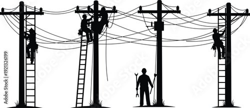 Electric line workers silhouettes repairing power lines on utility poles, electricians climbing ladders for maintenance, energy infrastructure vector illustration isolated