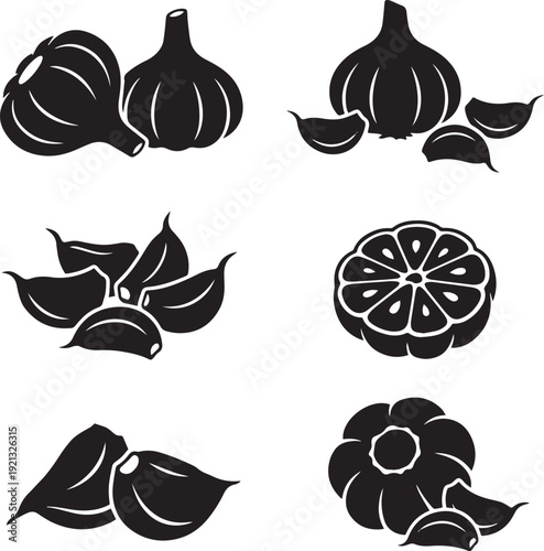 Garlic Silhouette Set – Black Garlic Bulb and Clove Vector Icons Isolated on White