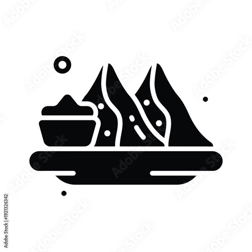 Glyph icon of samosa with chutney, Indian snack, clean design.