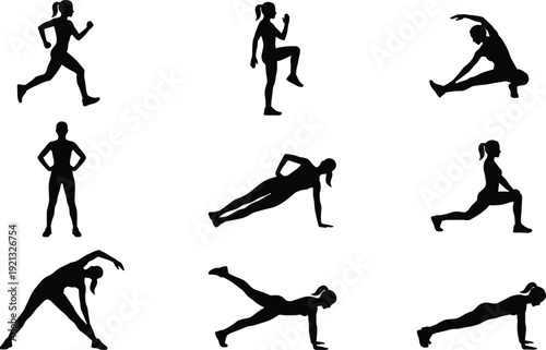 Female fitness silhouette set with woman performing running, stretching, lunges, push ups and plank exercises, workout training vector illustration isolated on white background