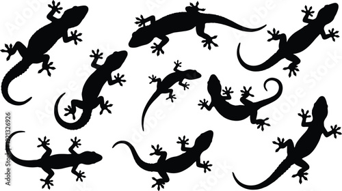 Gecko lizard silhouettes collection, crawling reptiles in different poses isolated on white background, black animal vector illustration set