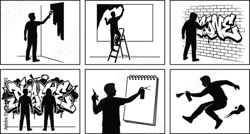 Graffiti artist silhouettes collection, street art painter spraying wall mural and sketching design, urban culture black vector illustration isolated on white