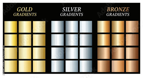 A visual collection of gradient swatches showcasing various shades and tones of gold, silver, and bronze metallic colors.
