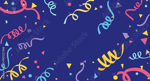 A festive blue background adorned with colorful confetti and swirling streamers, perfect for celebrations.