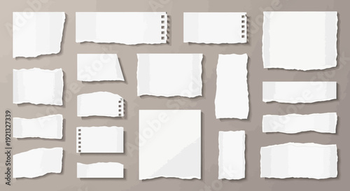 A collection of torn white paper scraps of various sizes and shapes, scattered on a neutral background.