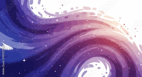 A swirling cosmic watercolor illustration with stars and nebulae in shades of purple and pink.