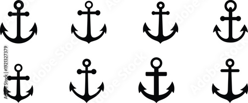 Anchor silhouette set, nautical marine symbols collection, black vector illustration isolated on white background for logo design and branding
