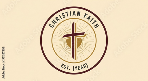 Christian faith logo with cross and shield on beige background for religious or spiritual use