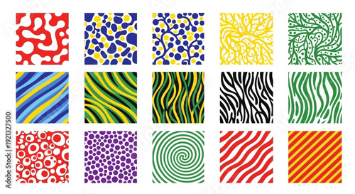 A grid of fifteen square images, each displaying a unique abstract pattern in various colors and styles.