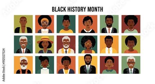 Diverse Black People Celebrating Black History Month with Portrait Illustrations