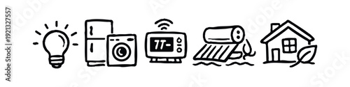 Hand-drawn Smart Home and Energy Efficiency Icons: Appliances, Thermostat, Solar Water Heater, Eco-House