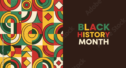 Black History Month celebration with vibrant geometric patterns and text.