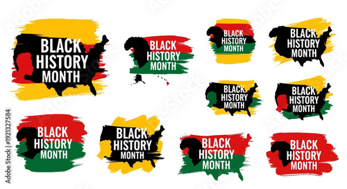 Collection of graphic elements celebrating Black History Month with the map of the USA and Pan-African colors.