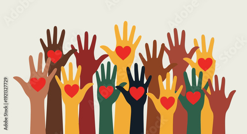 Diverse Hands Raised with Hearts Symbolizing Unity, Diversity, and Community Support