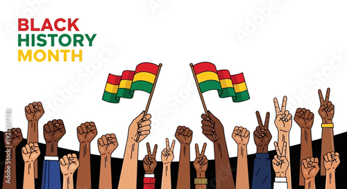 Black History Month Celebration with Diverse Hands Holding Flags and Raised Fists