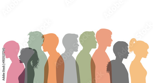 A diverse group of people's silhouettes are shown in profile, overlapping and in various colors.