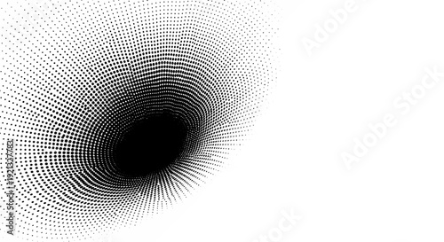 Abstract Black and White Halftone Dot Swirl Background with Dark Central Vortex