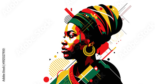 Vibrant Profile of a Woman Wearing a Traditional Headwrap with Abstract Geometric Patterns