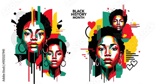 Black History Month Abstract Portrait Art with African American Women and Geometric Shapes
