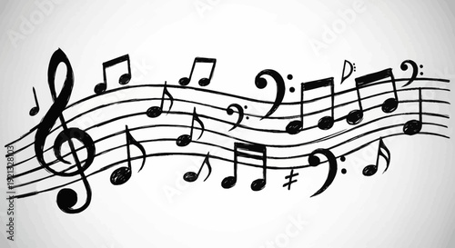 Hand-Drawn Musical Notes and Symbols on Staff Lines, Dynamic Music Concept