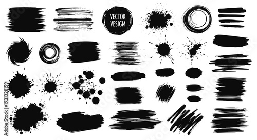 Collection of Black Brush Strokes, Splatters, and Ink Elements for Creative Design