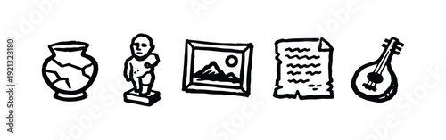 Ancient Artifacts, Art, and Historical Items Icons Set. Hand-Drawn Cultural Elements.