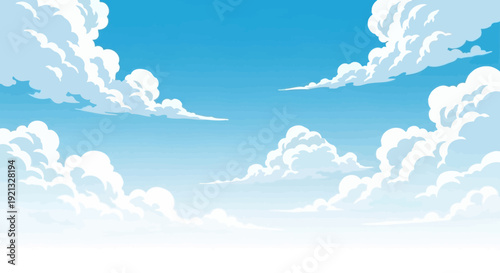 Vibrant Blue Sky with Fluffy White Cumulus Clouds, Serene and Peaceful Atmospheric Scenery