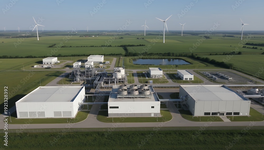 Fototapeta premium Aerial drone picture of a modern industrial plant and facility surrounded by green fields and wind turbines