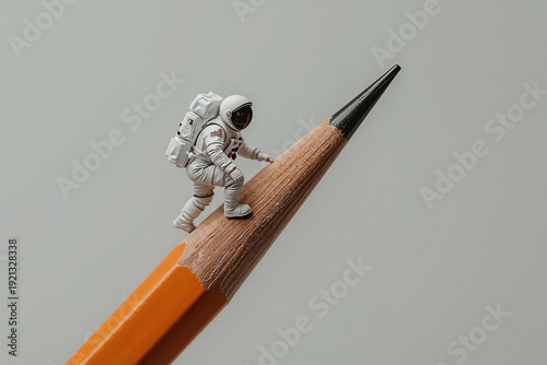 A small astronaut figure is walking on the tip of a sharpened orange pencil. The background is a solid light color. The scene shows a playful and imaginative idea using everyday objects.