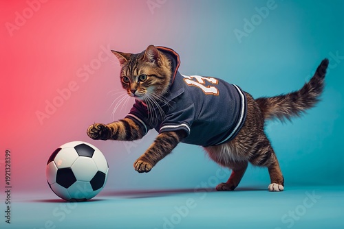 A cat wearing a sports jersey runs toward a soccer ball on a colorful background. The scene shows the cat in action during playtime at home.