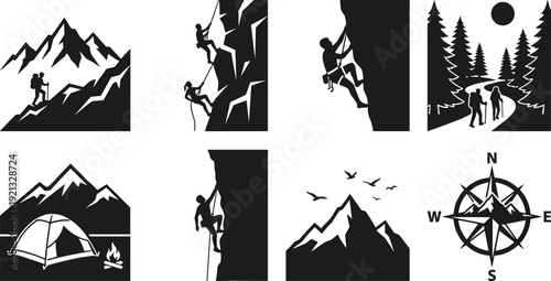 Mountain adventure silhouettes collection, hiking, rock climbing, camping tent and compass symbol, outdoor exploration black vector illustration isolated on white