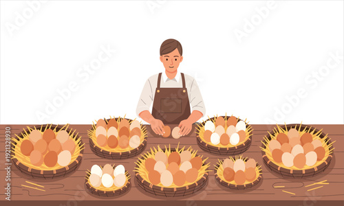 A farmer arranging fresh eggs in wicker baskets