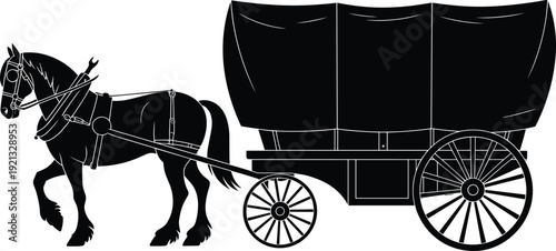 Horse, drawn, covered, wagon, silhouette, vintage, old, west, pioneer, carriage, transportation, isolated, on, white, background, vector, illustration, wild, west, rustic, history, transport.