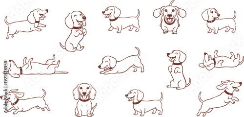 Cute Dachshund Puppies Illustration Set, Brown Outline Sepia Style Hand Drawn Sausage Dog Character Poses for Greeting Cards, Patterns, and Stickers