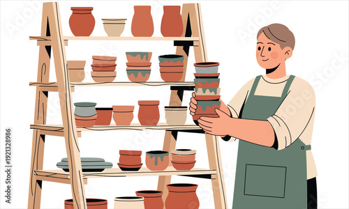 Potter arranging handmade ceramic pots on a shelf
