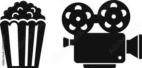 Popcorn box with movie camera icon vector illustration