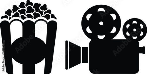 Popcorn box with movie camera icon vector illustration