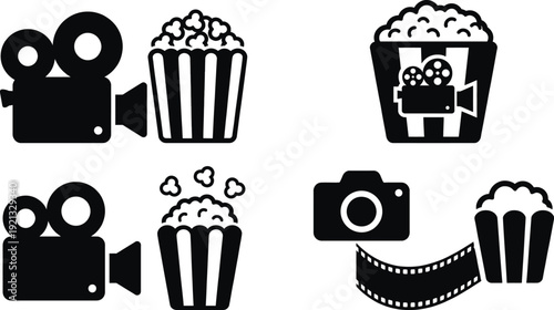 Popcorn box with movie camera icon vector illustration