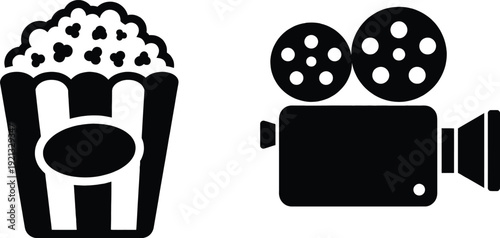 Popcorn box with movie camera icon vector illustration