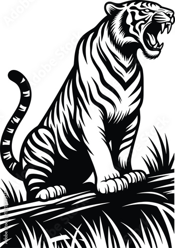 Roaring, tiger, silhouette, black, and, white, engraving, style, illustration, isolated, on, white, background, vector, mascot, logo, wildlife, predator, powerful, animal, nature, forest.