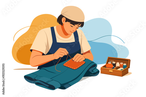Person sewing a patch onto blue fabric with needle and thread.
