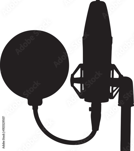 Black silhouette of a microphone and pop filter isolated on transparent background