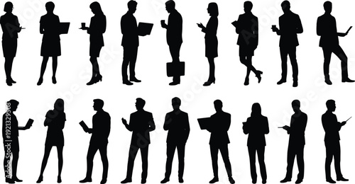 Business people silhouettes collection, professional office workers standing with laptop documents and coffee set, black vector illustration isolated on white background