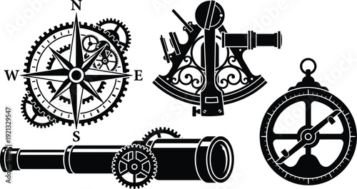 Steampunk compass and vintage navigation instrument set vector