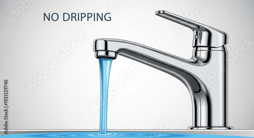 Modern faucet with steady stream of water and no dripping on clean white background